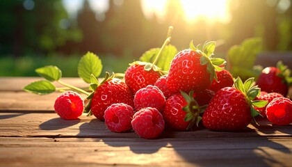 Fresh raspberries with green leaves on rustic wooden surface in golden hour garden setting for editorial food photography harvest decor and poetic abundance-themed visuals