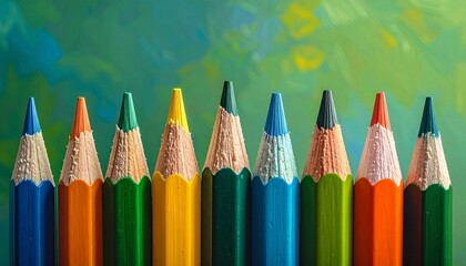 Vertical row of colored pencils with vibrant tips against green background for editorial education photography school supplies decor and poetic precision-themed visuals