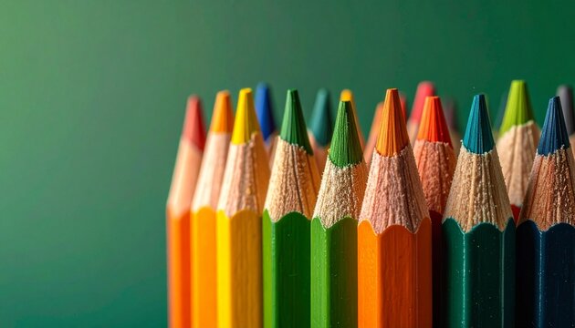 Vertical row of colored pencils with vibrant tips against green background for editorial education photography school supplies decor and poetic precision-themed visuals - Powered by Adobe