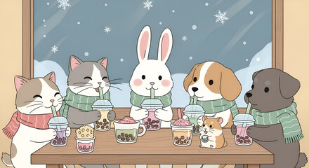 Adorable cartoon pets enjoying bubble tea together on a snowy day brings cozy winter vibes and joyful animal companionship for heartwarming content