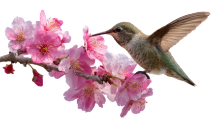 Beautiful hummingbird feeding on pink cherry blossom flowers symbolizing nature beauty, spring season, and wildlife harmony on white background