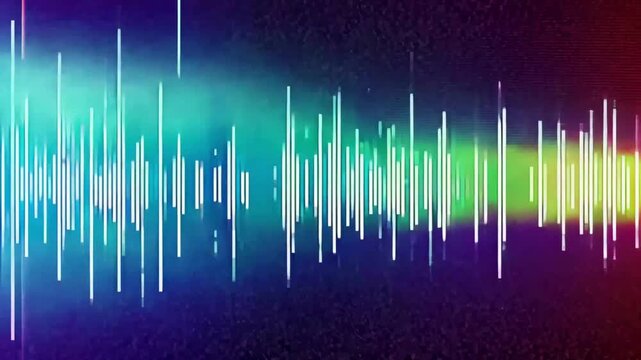 Digital audio spectrum equalizer bars with colorful glitch background. Neon sound wave visualizer for music videos.