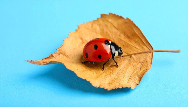 Close-up of red ladybug on dried curled leaf against bright blue sky for editorial nature photography minimalist decor and poetic resilience-themed visuals