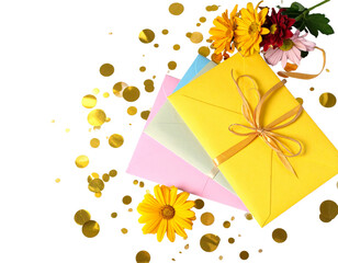  Festive Multicolor Envelopes with Ribbons and Confetti for Celebration Theme PNG