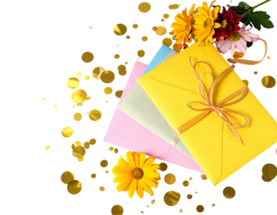  Festive Multicolor Envelopes with Ribbons and Confetti for Celebration Theme PNG