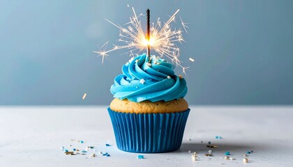 Cupcake with blue frosting and lit sparkler on white surface against light blue background for editorial celebration photography festive decor and poetic joy-themed visuals