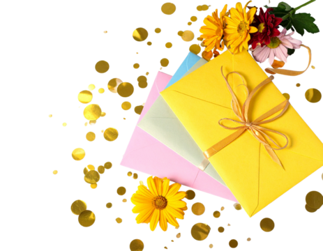  Festive Multicolor Envelopes with Ribbons and Confetti for Celebration Theme PNG