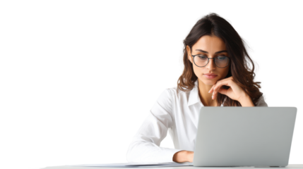 Focused young woman wearing glasses working on laptop computer in office symbolizing business productivity and remote work on white background