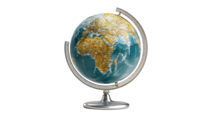 Classic world globe showing continents, oceans, and countries symbolizing geography, education, and global travel knowledge on white background