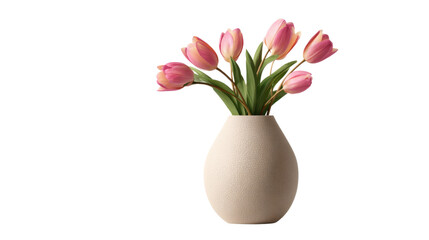 Elegant beige vase with beautiful pink tulip flowers in bloom symbolizing love, freshness, and home decor beauty on white background