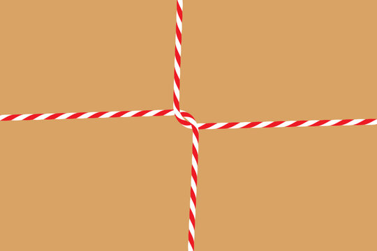 Christmas festive background with kraft wrapping paper wrapped criss-cross with striped baker&rsquo;s twine. Gift with string cord, rope. Hand drawn flat banner. Vector Eps10