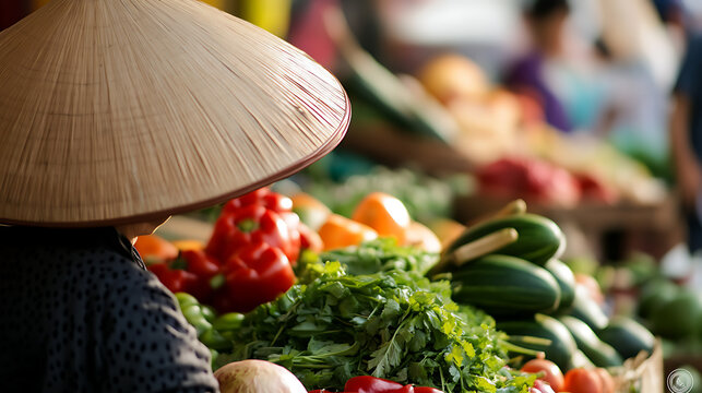 A vibrant market scene unfolds with a person donning a traditional conical hat amidst a colorful array of fresh produce. A glimpse of daily life and culture in full view.