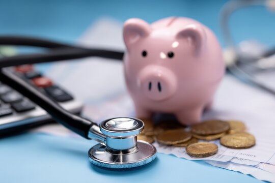 Piggy bank and stethoscope on financial documents and coins, symbolizing healthcare costs, medical savings, and health insurance planning