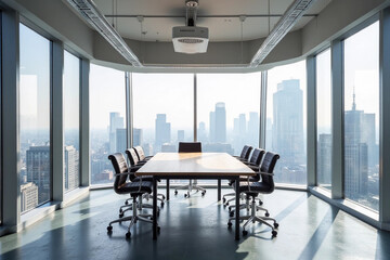 Conference room. Modern office with windows and city view.