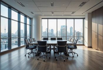 Conference room. Modern office with windows and city view.