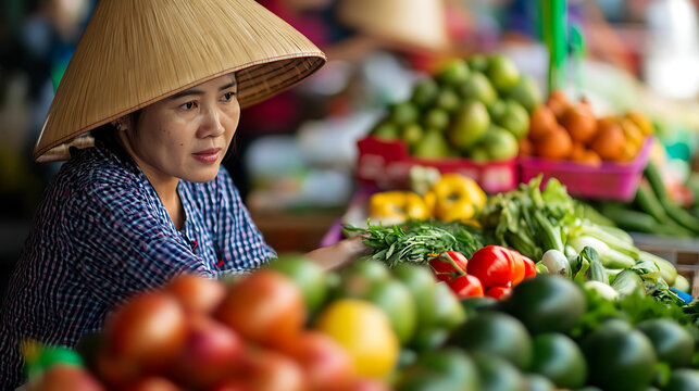 An Asian woman in a conical hat sells fresh produce at an open-air market. Colorful fruits and vegetables fill the frame, creating a vibrant scene of commerce and culture. - Powered by Adobe