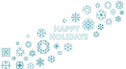 Festive happy holidays greeting with a scattered pattern of geometric snowflakes in teal blue on a white background