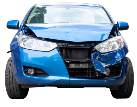 Angled View of Wrecked Blue Sedan with Dented Fender and Crushed Headlight, Insurance Concept, Isolated on White
