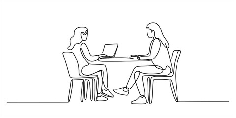 One continuous line drawing of two women sitting at a desk, one operating a laptop, symbolizing collaboration, business meeting, and teamwork.