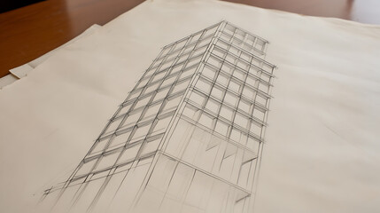 Architectural Sketch of a Building: A hand-drawn illustration shows a modern multi-story building with a glass facade, presented on large sheets of paper, capturing its design and structure.