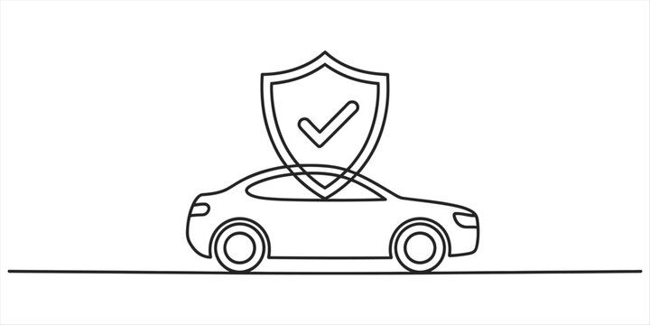 Car protection line art illustration with a shield and checkmark symbol above the vehicle, representing auto insurance, safety, and reliability.