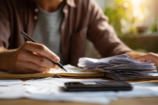 Man writing in a notebook, managing finances, calculating bills, and planning personal budget with paperwork on a desk