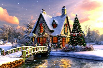 Cozy Christmas house with snow-covered roof, twinkling lights, and decorated trees beside enchanted lake at twilight for holiday, winter, and festive scene