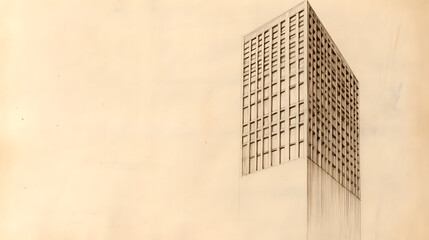 Monochrome sketch of a tall building with repetitive windows, set against a vintage paper background. The architectural rendering captures the building's height and geometric details.
