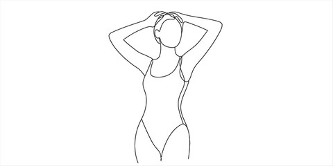 Outline drawing of a woman in a sleek one-piece swimsuit, standing with hands behind her head, symbolizing relaxation, self-care, and freedom.