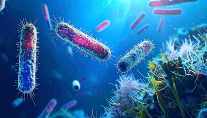 Microscopic view of rod-shaped bacteria with flagella in vibrant aquatic environment for editorial science photography microbial decor and poetic biodiversity-themed visuals