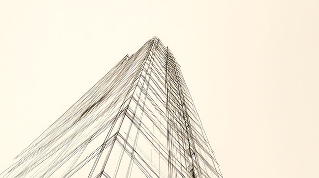 A low-angle perspective captures a modern skyscraper sketched with delicate lines against a soft sky, symbolizing architectural ingenuity and design aspirations.