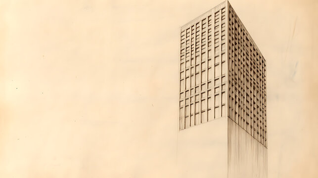 Monochrome sketch of a tall building with repetitive windows, set against a vintage paper background. The architectural rendering captures the building's height and geometric details. - Powered by Adobe