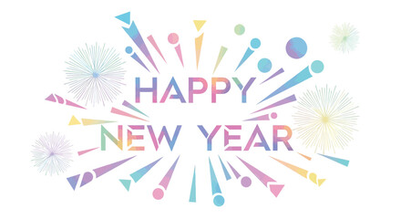 Happy new year text with colorful abstract fireworks and geometric shapes in a festive celebration design
