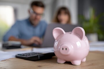 Pink piggy bank foregrounding a couple using a laptop and calculator, planning investments and savings at home