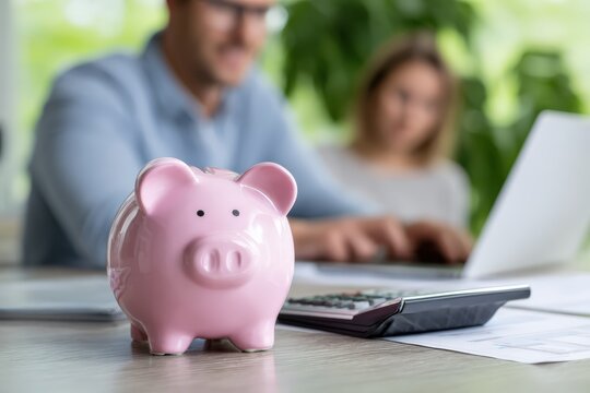 Piggy bank on desk with a couple in the background calculating expenses and planning for future financial goals