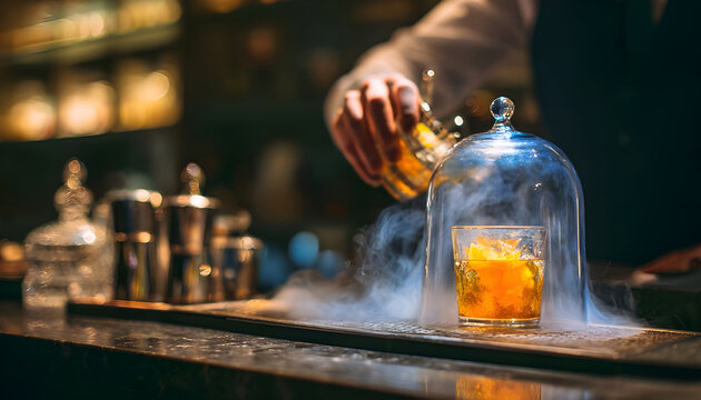 Serving drink. Cocktail fume. Glass cap cloche cold smoke removing from alcoholic beverage. Spectacular making aperitif on pub counter