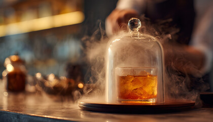 Serving drink. Cocktail fume. Glass cap cloche cold smoke removing from alcoholic beverage. Spectacular making aperitif on pub counter