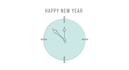 Happy new year greeting with a minimalist clock face showing the final moments before midnight countdown