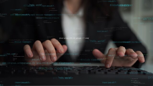 Close-up view of hands typing on a keyboard, overlaid with digital code to depict themes of programming and software development in a sleek, modern workspace. Xenic - Powered by Adobe
