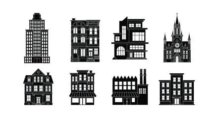Obraz premium Black and white silhouettes of various city buildings and architecture