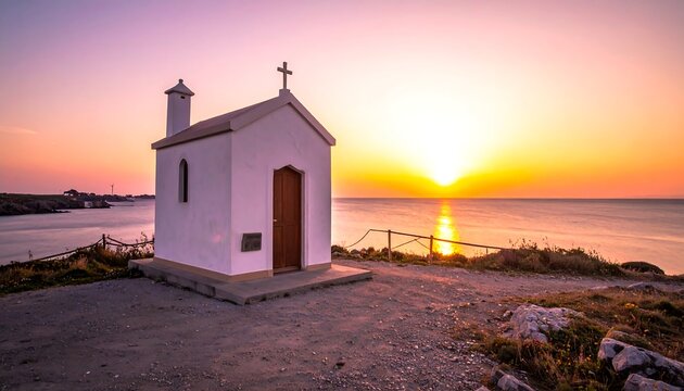 A small white chapel with a cross stands on a cliff overlooking the ocean at sunset, glowing in beautiful warm colors - Powered by Adobe
