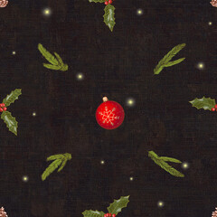 Dark Christmas Night with Holly and Ornament Pattern