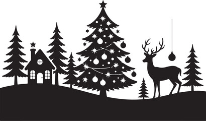 Christmas Silhouette Scene with Deer, Trees, Gifts and Ornament Holiday Design
