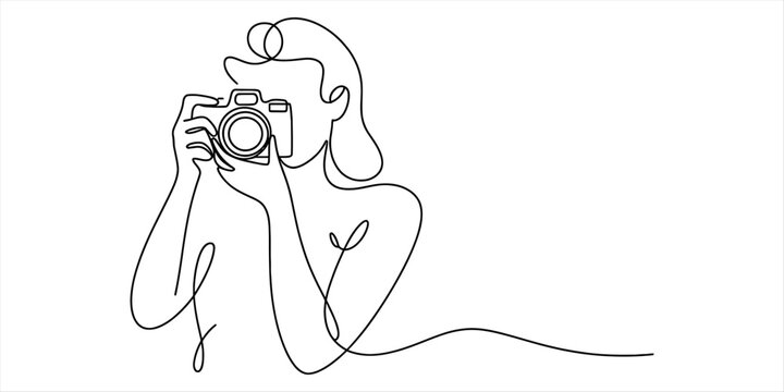 Continuous line drawing of a person holding a camera, capturing a photograph. minimalist illustration symbolizing photography, creative vision and art.
