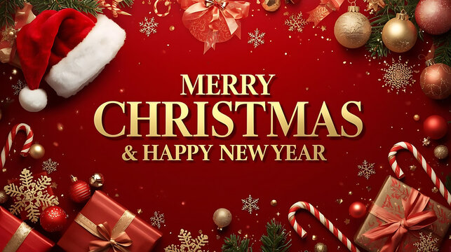 Merry Christmas and New Year Greetings Red Background Christmas Ornaments for flayers, banners, backgrounds, greetings, text space