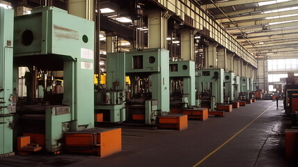 An industrial interior showcases a row of green machinery with orange details, set under a high ceiling structure of beams and supports. The composition emphasizes the scale.