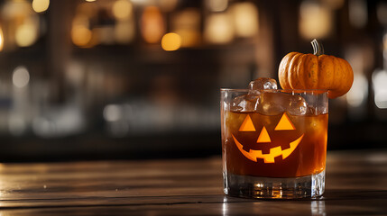 Celebrate Halloween with a festive pumpkin cocktail! This spooktacular drink features an illuminated jack-o-lantern face and a miniature pumpkin garnish. Cheers to a frighteningly fun night!