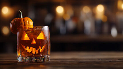 Festive Halloween cocktail with a carved jack-o'-lantern face and a miniature pumpkin garnish, set against a warmly lit background, perfect for spooky season celebrations.