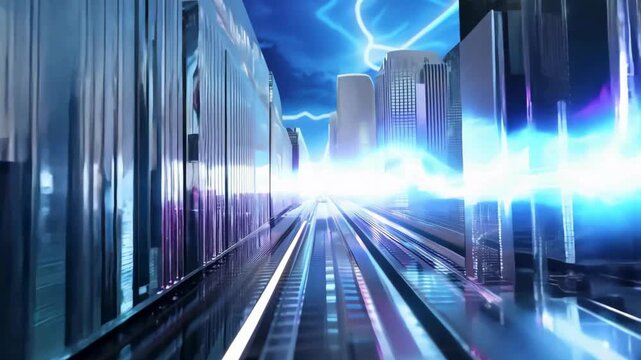 ast movement through a digital cyberpunk city. Glass buildings and blue lightning energy. Technology metropolis animation. High speed urban tunnel visual for virtual reality and gaming concepts.