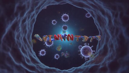 Scientific visualization of pathogenic viruses attacking the central DNA helix inside a biological cell nucleus - Powered by Adobe